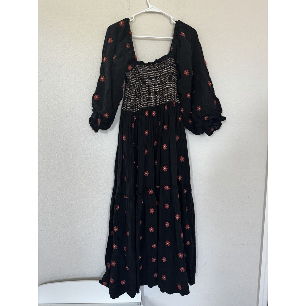 Free People Dahlia Embroidered Floral Maxi Dress SZ Medium Boho Cottage Prairie - Picture 6 of 8